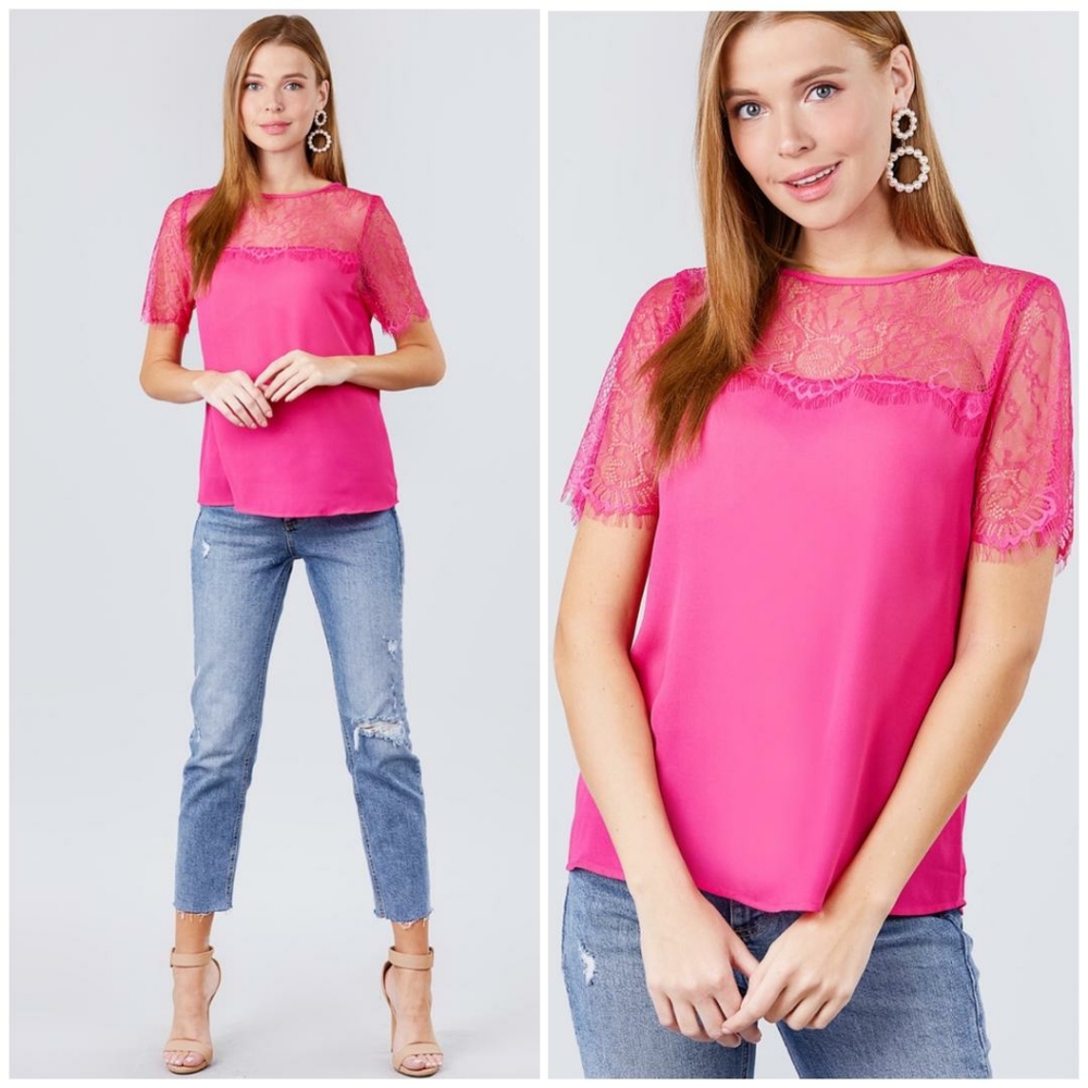 LAST ONE❗️Sophisticated Chic Hot Pink Lace Sleeves T… - Picture 2 of 4